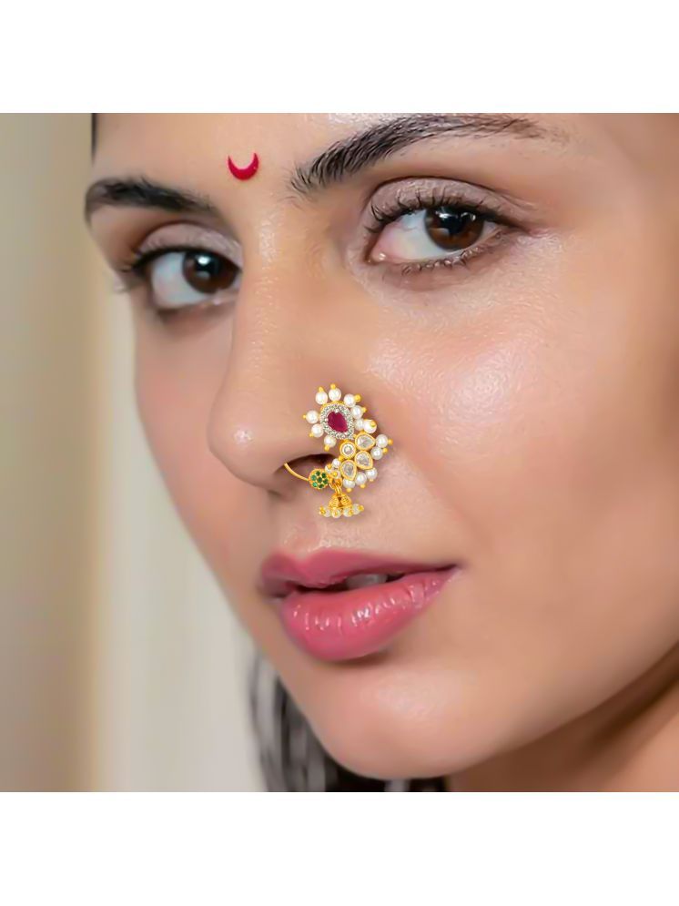     			Traditional Maharashtrian Style Micron Plated CZ Nath Nose Ring For Women And Girls