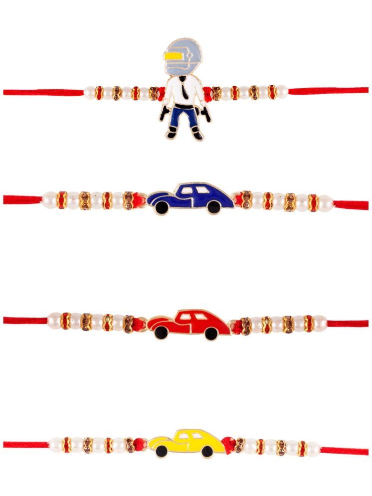     			Vighnaharta pub ji and car cartoon Pearls rakhi combo Kids Rakhi and Lovely Brother pack of 4[VFJ1165-1162BLUE-RED-YELLOW-RKG]