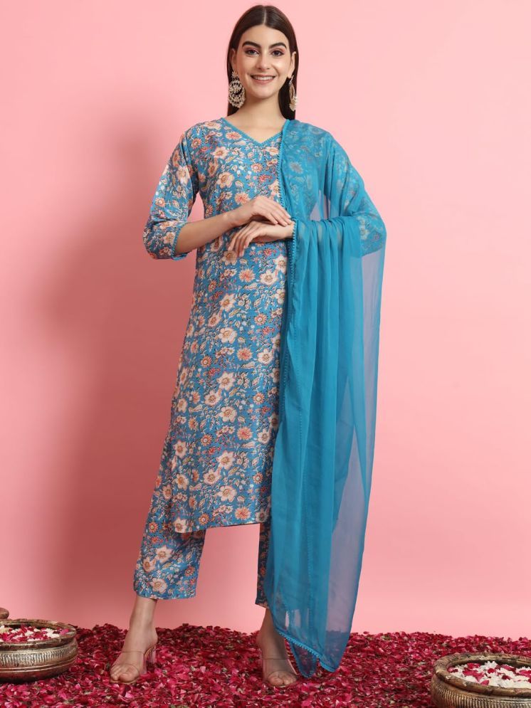     			VredeVogel Rayon Printed Kurti With Pants Women's Stitched Salwar Suit - Blue ( Pack of 1 )