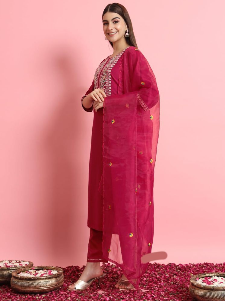     			VredeVogel Silk Blend Embroidered Kurti With Pants Women's Stitched Salwar Suit - Red ( Pack of 1 )