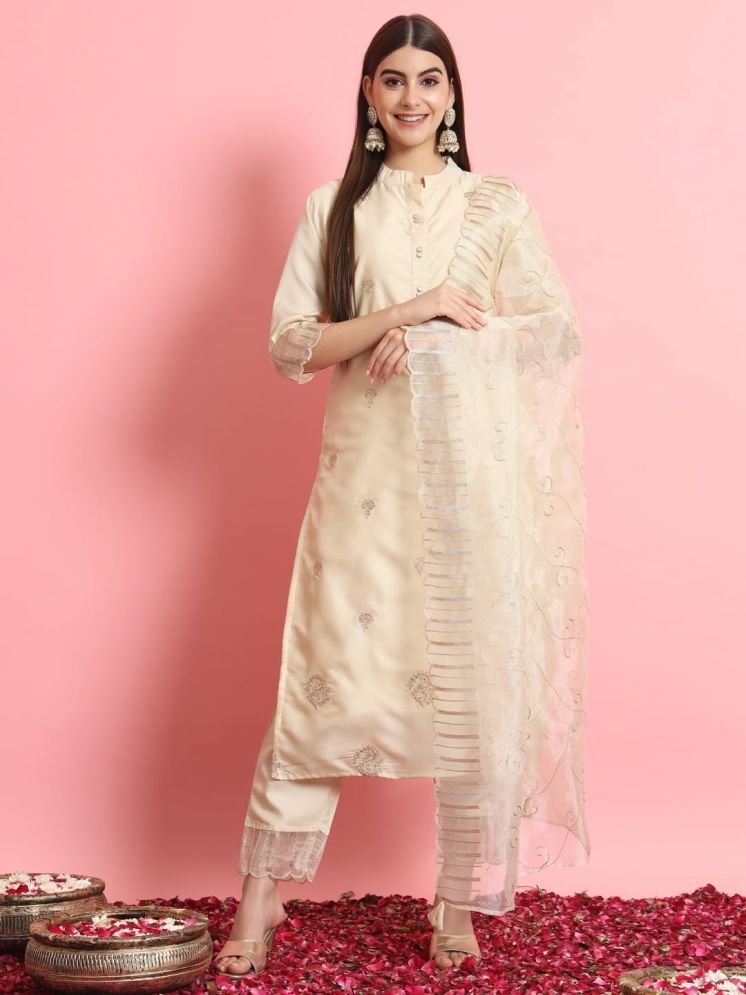     			VredeVogel Silk Blend Embroidered Kurti With Pants Women's Stitched Salwar Suit - Beige ( Pack of 1 )