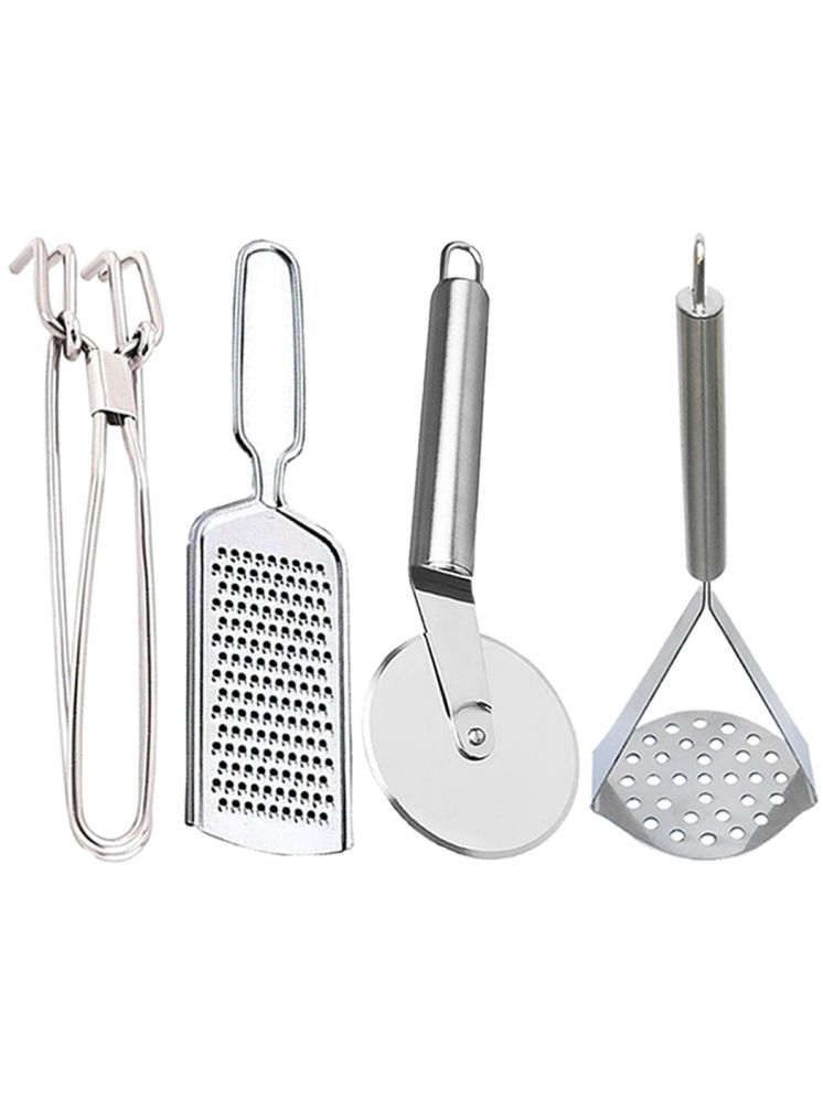     			OC9 Silver Stainless Steel Grater+Pakkad+Pizza Cutter+Masher ( Set of 4 )