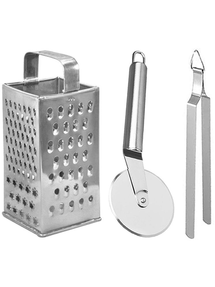     			OC9 Silver Stainless Steel Grater+Pizza Cutter+Chimta ( Set of 3 )