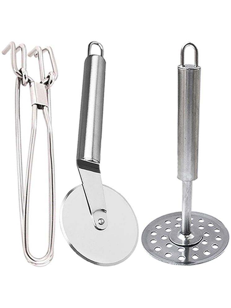     			OC9 Silver Stainless Steel Pakkad+Pizza Cutter+Masher ( Set of 3 )