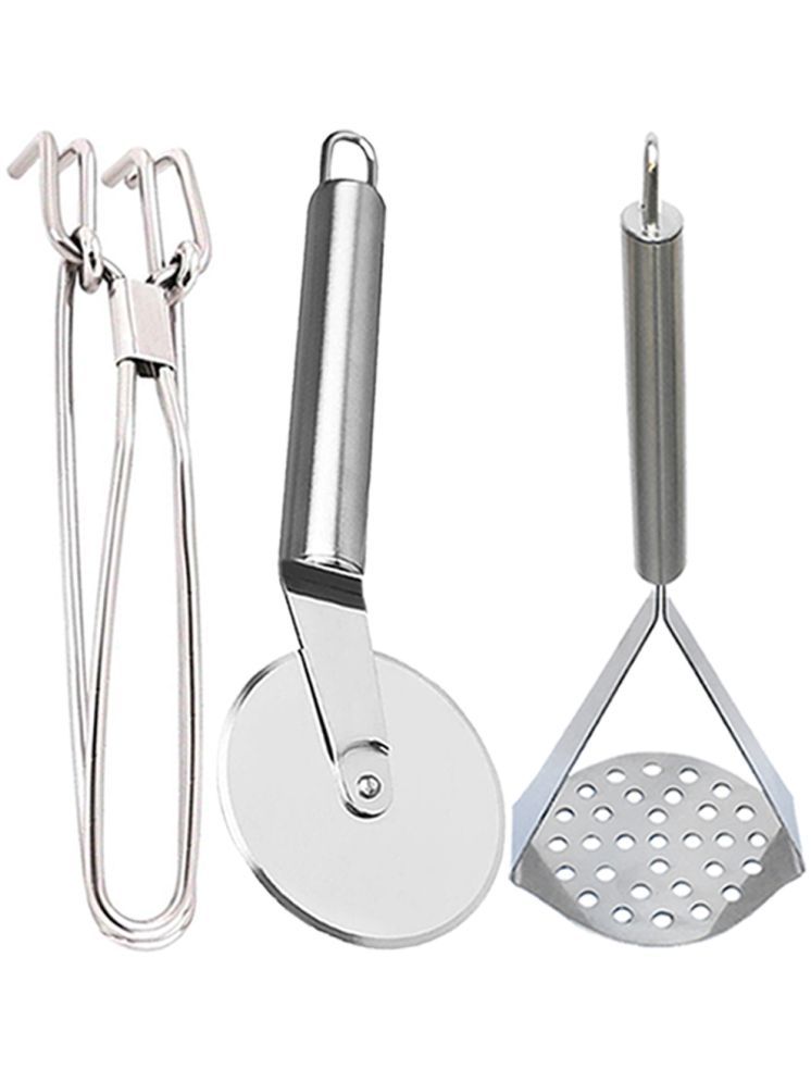     			OC9 Silver Stainless Steel Pakkad+Pizza Cutter+Masher ( Set of 3 )