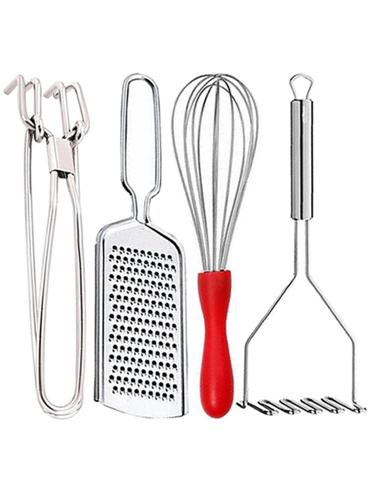     			OC9 Silver Stainless Steel Pakkad+Grater+Whisk+Masher ( Set of 4 )