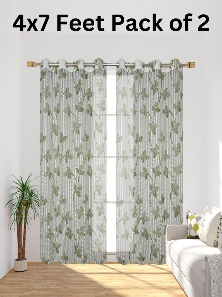     			SWIZIER Floral Printed Sheer Eyelet Curtain 7 ft ( Pack of 2 ) - Green