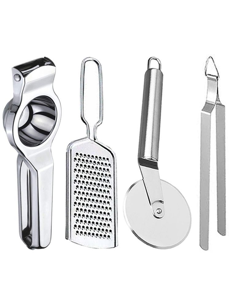     			OC9 Silver Stainless Steel Lemon+Grater+Pizza+Chimta ( Set of 4 )