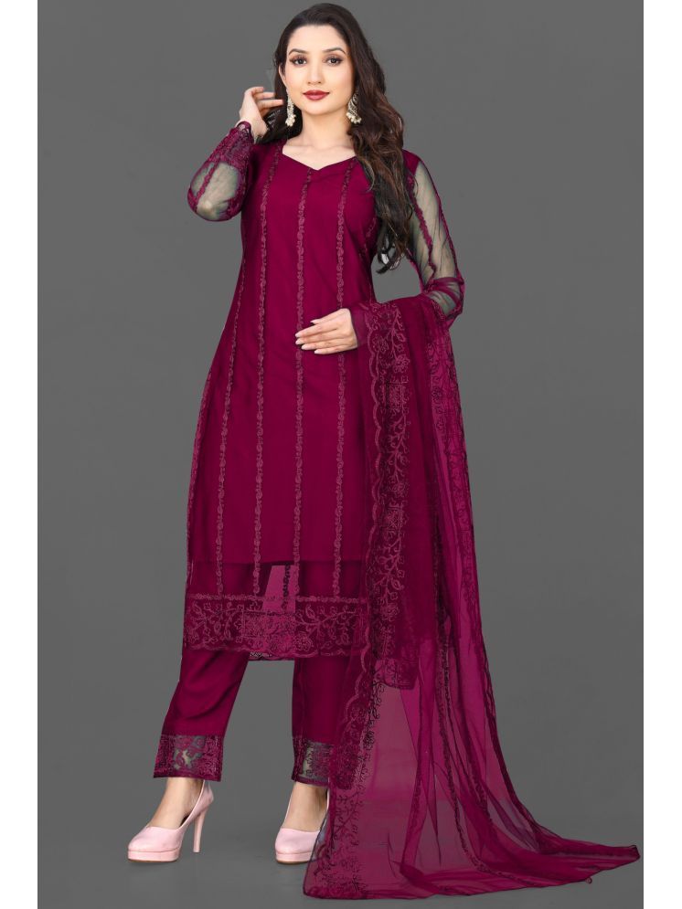     			VARNI VESH Net Embroidered Kurti With Pants Women's Stitched Salwar Suit - Burgundy ( Pack of 1 )