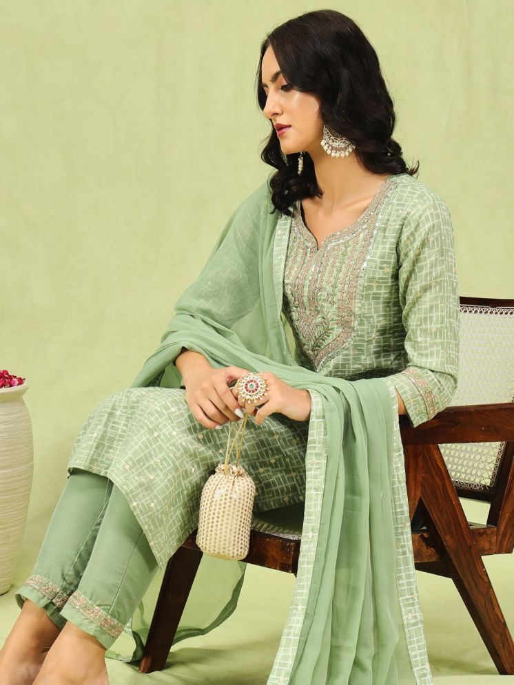     			VredeVogel Chanderi Embroidered Kurti With Pants Women's Stitched Salwar Suit - Green ( Pack of 1 )