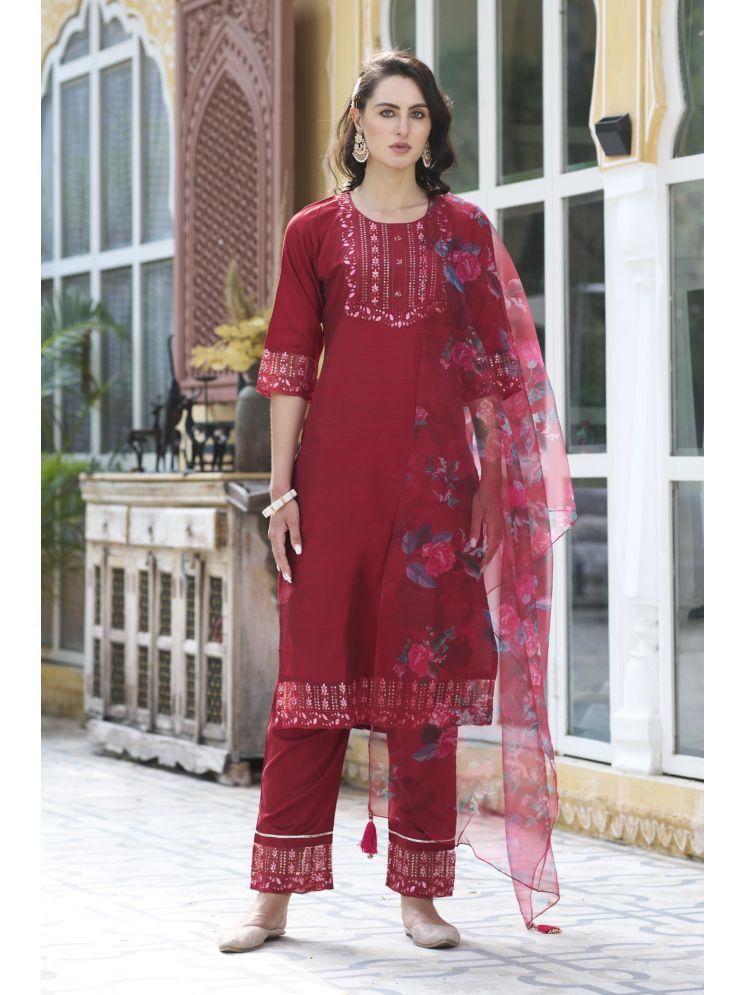     			VredeVogel Cotton Silk Embroidered Kurti With Pants Women's Stitched Salwar Suit - Red ( Pack of 1 )