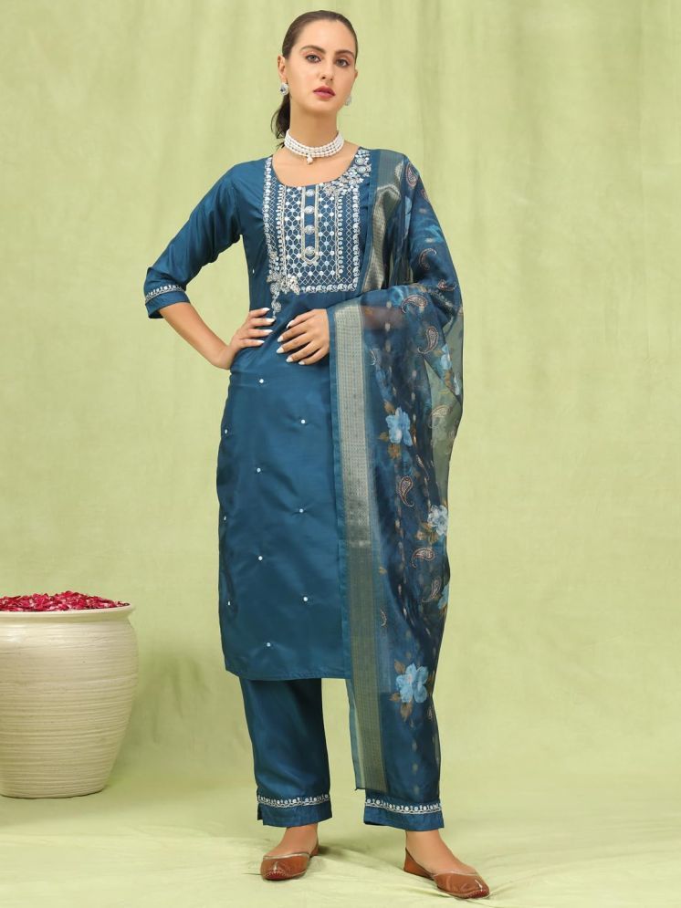     			VredeVogel Silk Blend Embroidered Kurti With Pants Women's Stitched Salwar Suit - Blue ( Pack of 1 )