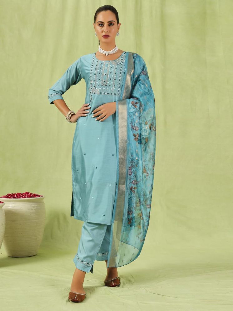     			VredeVogel Silk Blend Embroidered Kurti With Pants Women's Stitched Salwar Suit - Blue ( Pack of 1 )