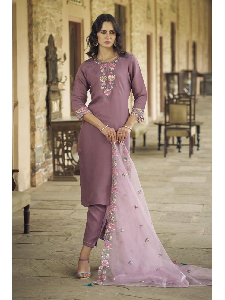     			VredeVogel Viscose Embroidered Kurti With Pants Women's Stitched Salwar Suit - Purple ( Pack of 1 )