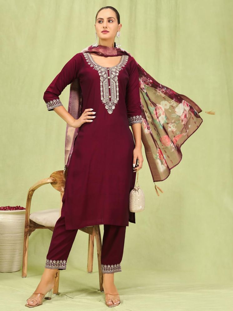     			VredeVogel Viscose Embroidered Kurti With Pants Women's Stitched Salwar Suit - Maroon ( Pack of 1 )