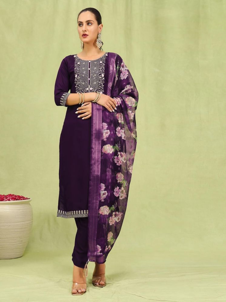     			VredeVogel Viscose Embroidered Kurti With Pants Women's Stitched Salwar Suit - Purple ( Pack of 1 )