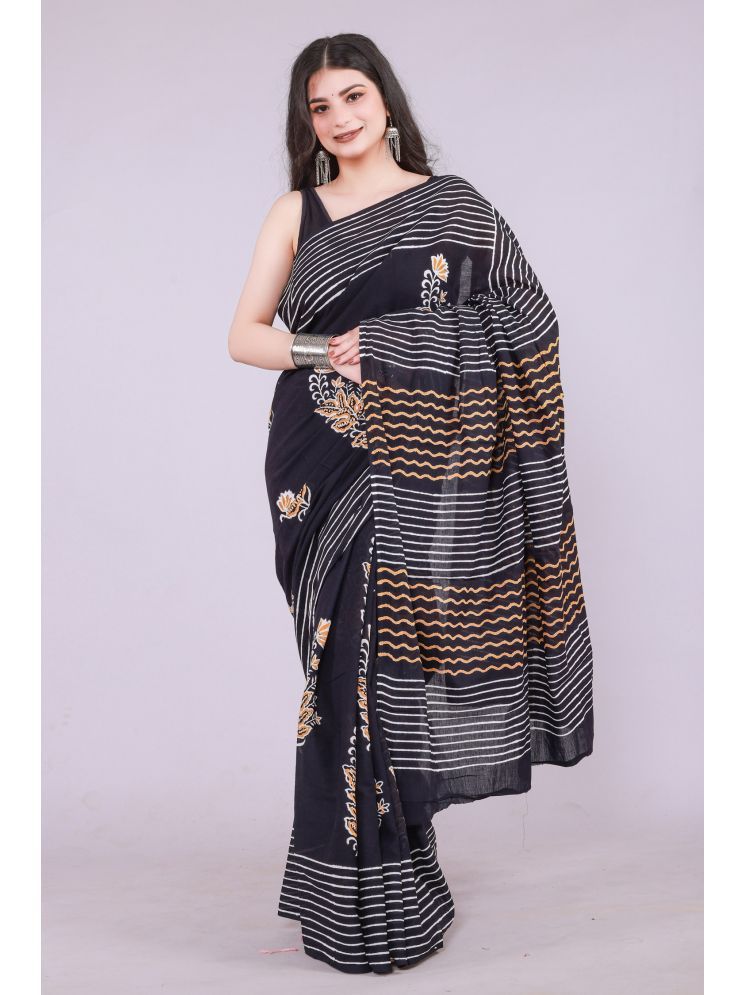     			NOITAERCPR Cotton Printed Saree With Blouse Piece - Black ( Pack of 1 )