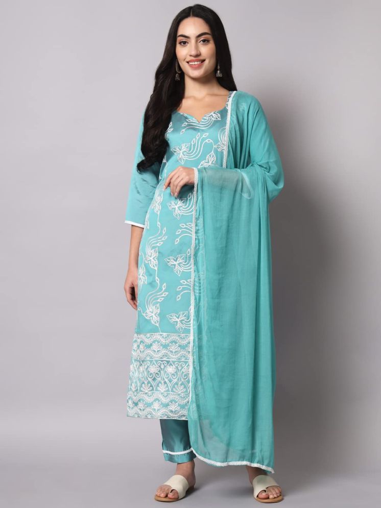     			VredeVogel Cotton Blend Embroidered Kurti With Pants Women's Stitched Salwar Suit - Light Blue ( Pack of 1 )