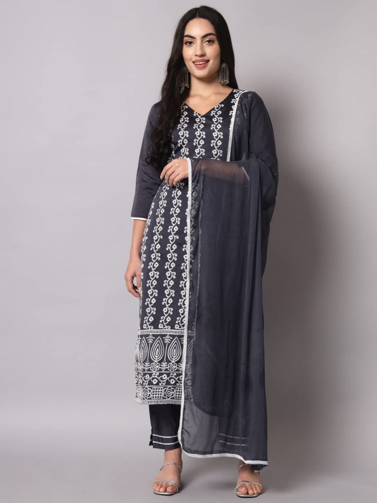     			VredeVogel Cotton Blend Embroidered Kurti With Pants Women's Stitched Salwar Suit - Grey ( Pack of 1 )