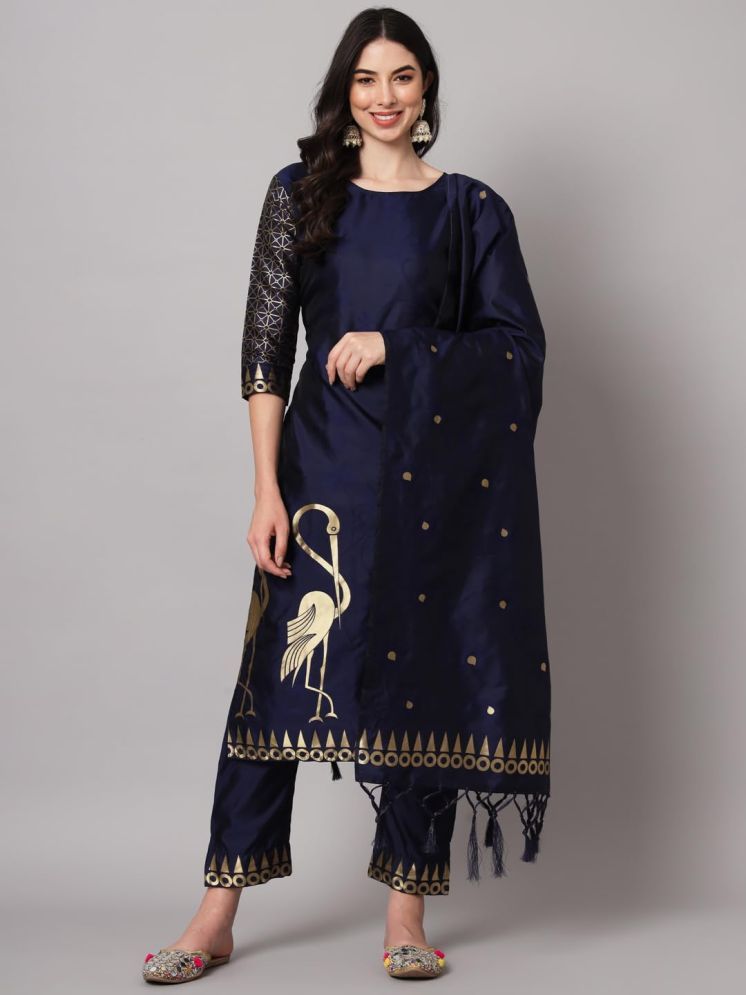     			VredeVogel Cotton Silk Self Design Kurti With Pants Women's Stitched Salwar Suit - Blue ( Pack of 1 )