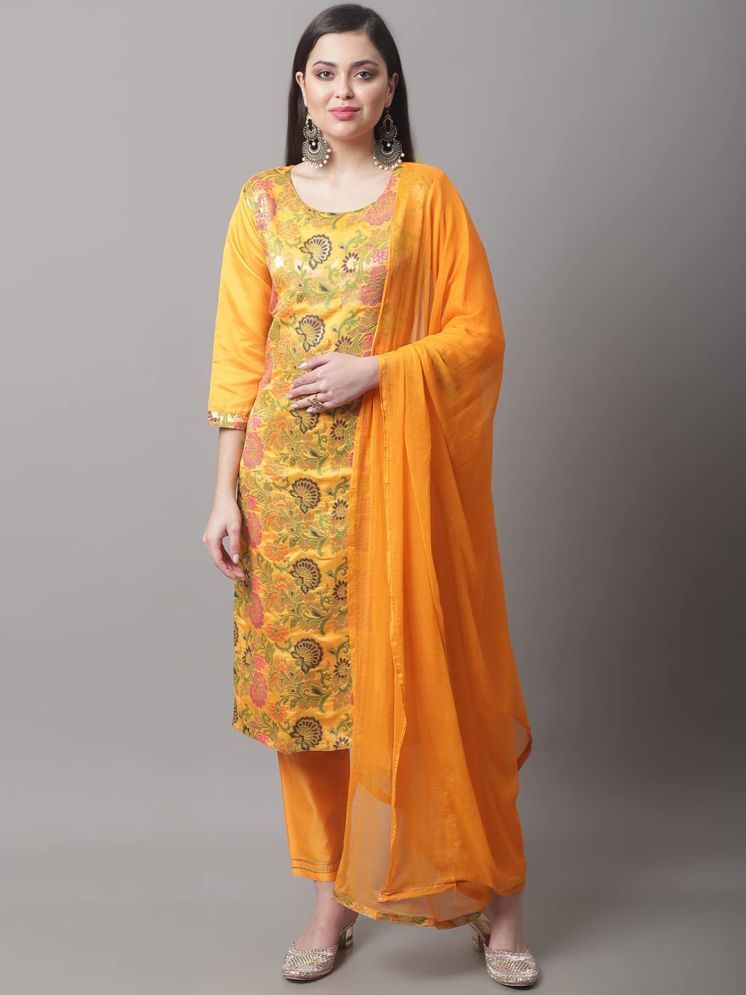     			VredeVogel Cotton Silk Self Design Kurti With Pants Women's Stitched Salwar Suit - Yellow ( Pack of 1 )