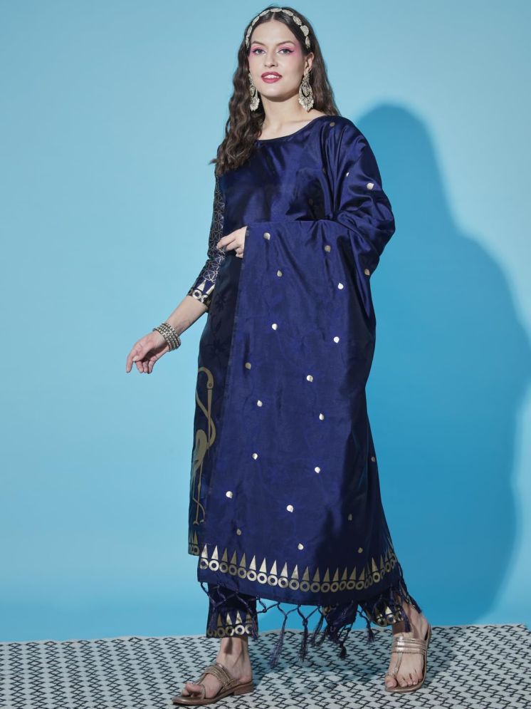     			VredeVogel Cotton Silk Self Design Kurti With Pants Women's Stitched Salwar Suit - Blue ( Pack of 1 )