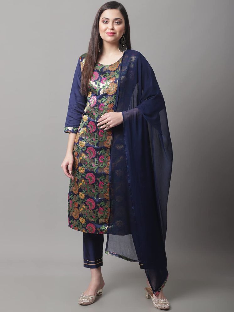     			VredeVogel Cotton Silk Self Design Kurti With Pants Women's Stitched Salwar Suit - Blue ( Pack of 1 )