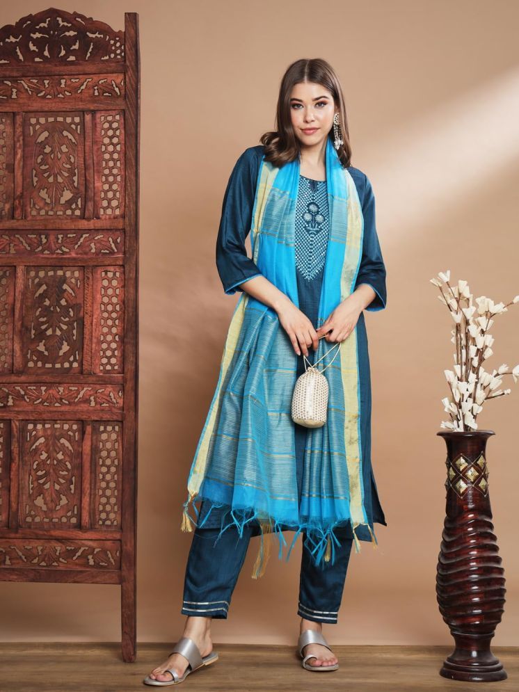     			VredeVogel Silk Blend Embroidered Kurti With Pants Women's Stitched Salwar Suit - Blue ( Pack of 1 )