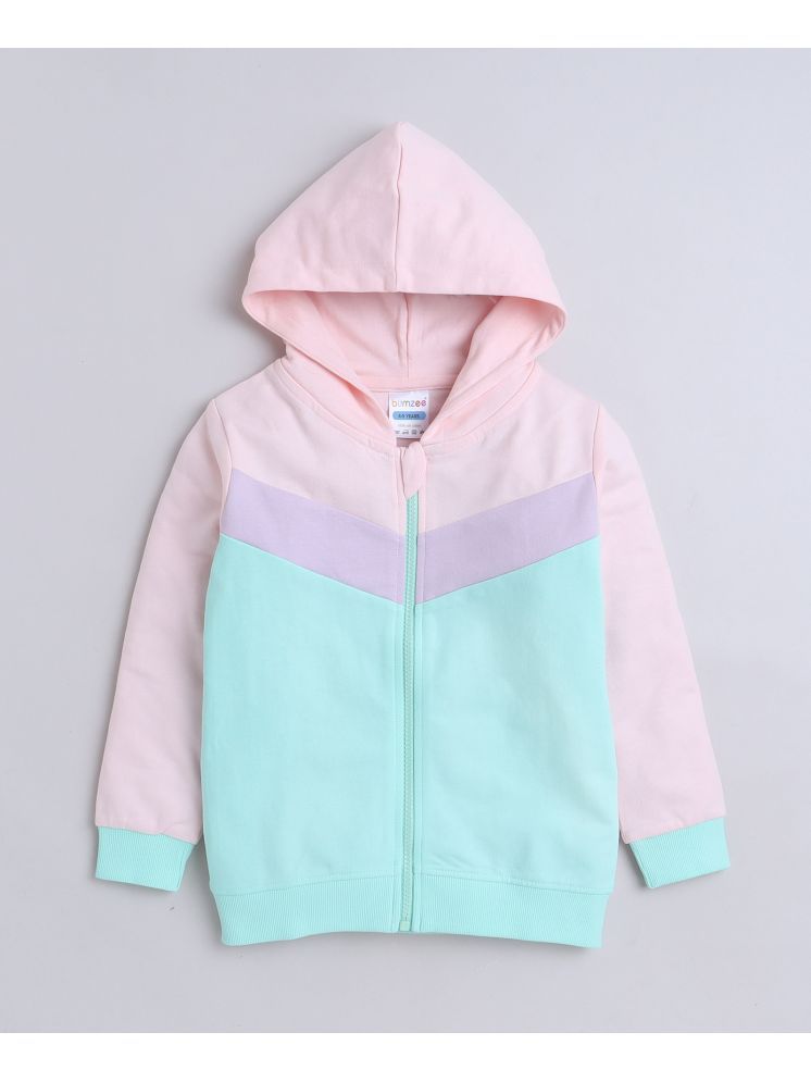     			BUMZEE Green & Pink Girls  Full Sleeves Cotton Hooded Zipper Sweatshirt Age - 5-6 Years