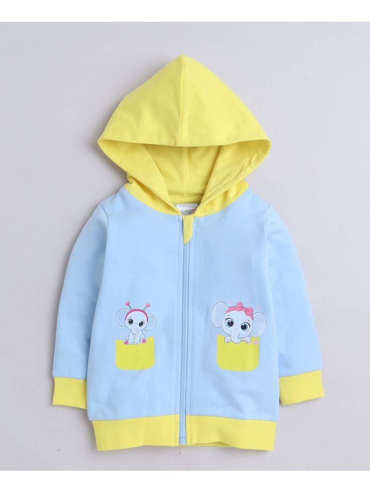     			BUMZEE Sky Blue & Yellow Girls  Full Sleeves Cotton Hooded Zipper Sweatshirt Age - 18-24 Months