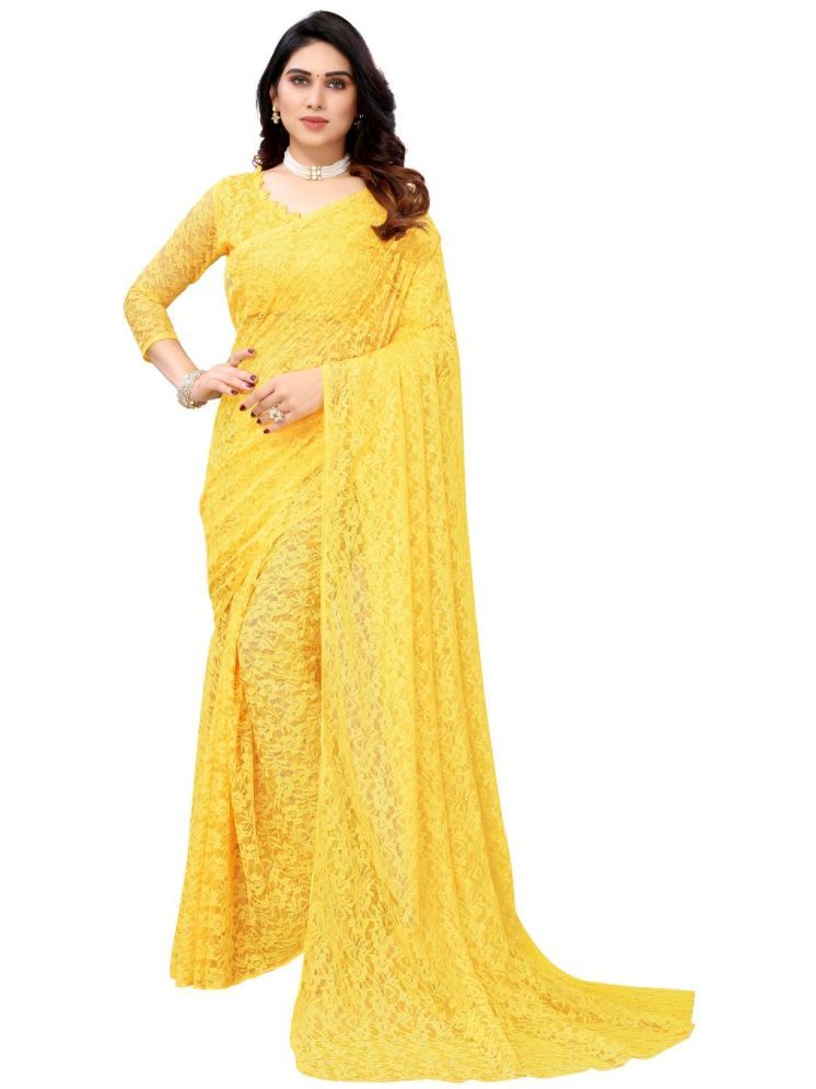     			Vkaran Net Dyed Saree With Blouse Piece - Yellow ( Pack of 1 )