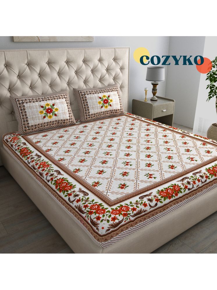     			COZYKO Cotton Floral 1 Double Bedsheet with 2 Pillow Covers - Off White