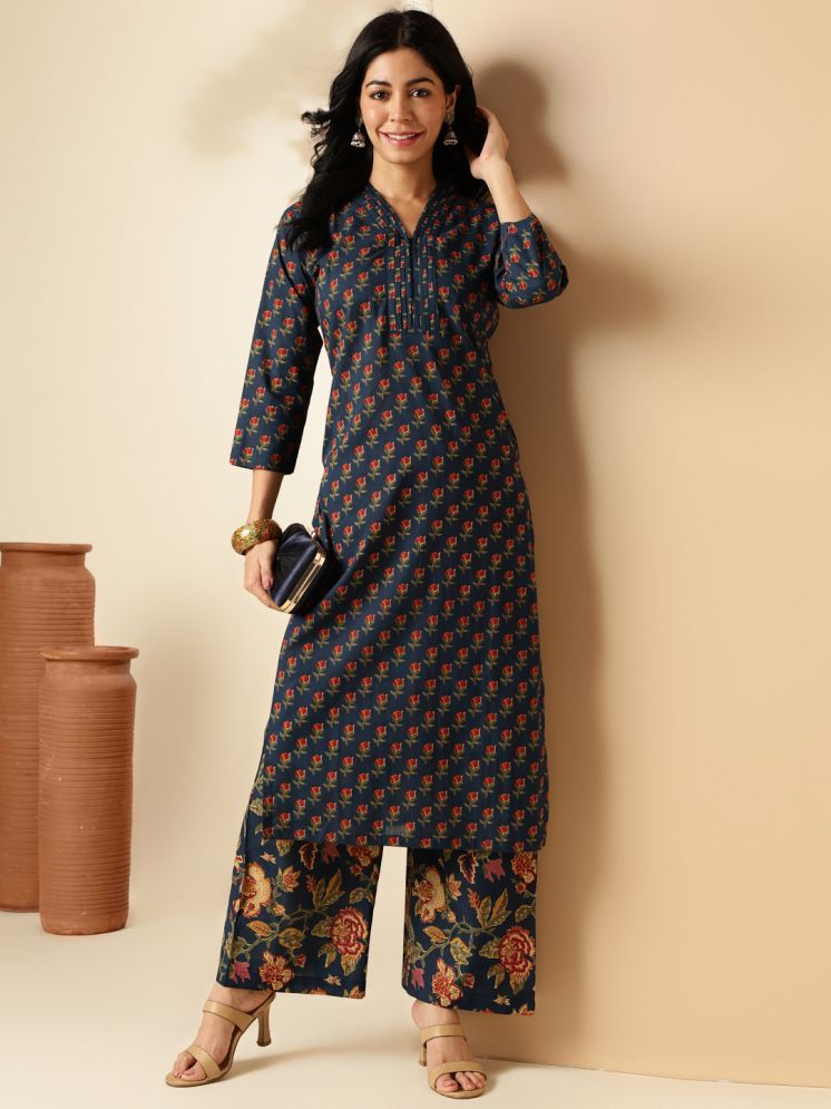     			Vbuyz Cotton Printed Kurti With Palazzo Women's Stitched Salwar Suit - Blue ( Pack of 1 )