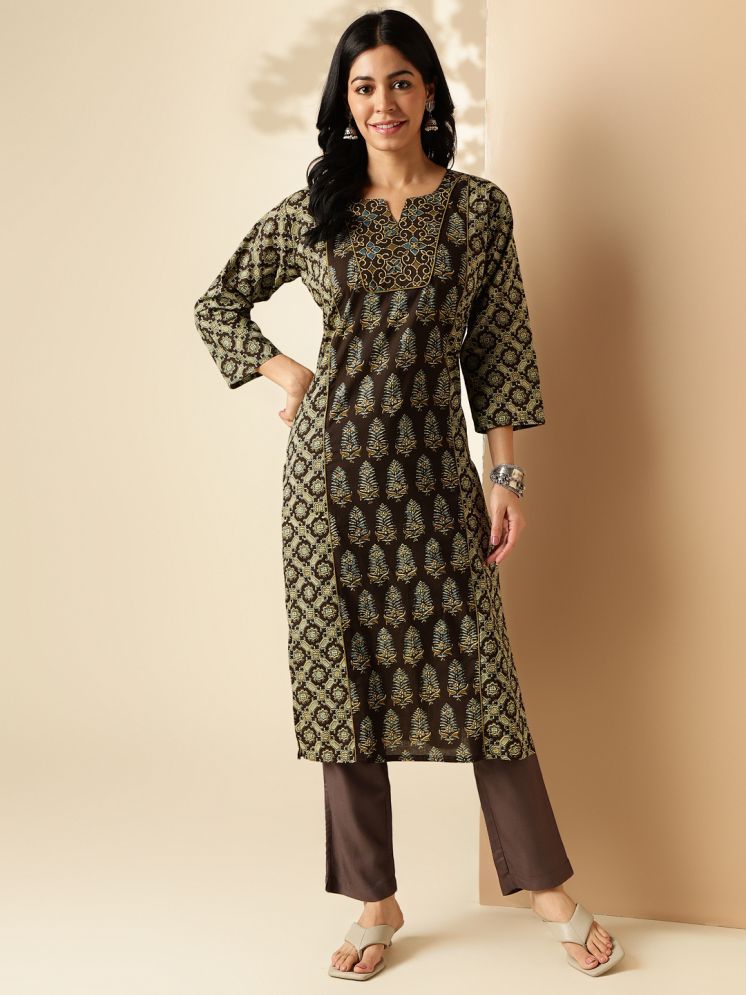     			Vbuyz Cotton Printed Straight Women's Kurti - Brown ( Pack of 1 )