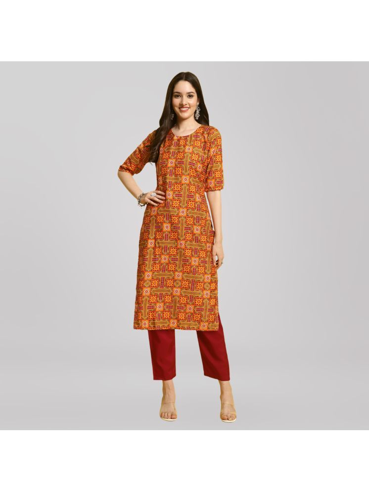     			1 Stop Fashion Crepe Printed Kurti With Pants Women's Stitched Salwar Suit - Orange ( Pack of 1 )