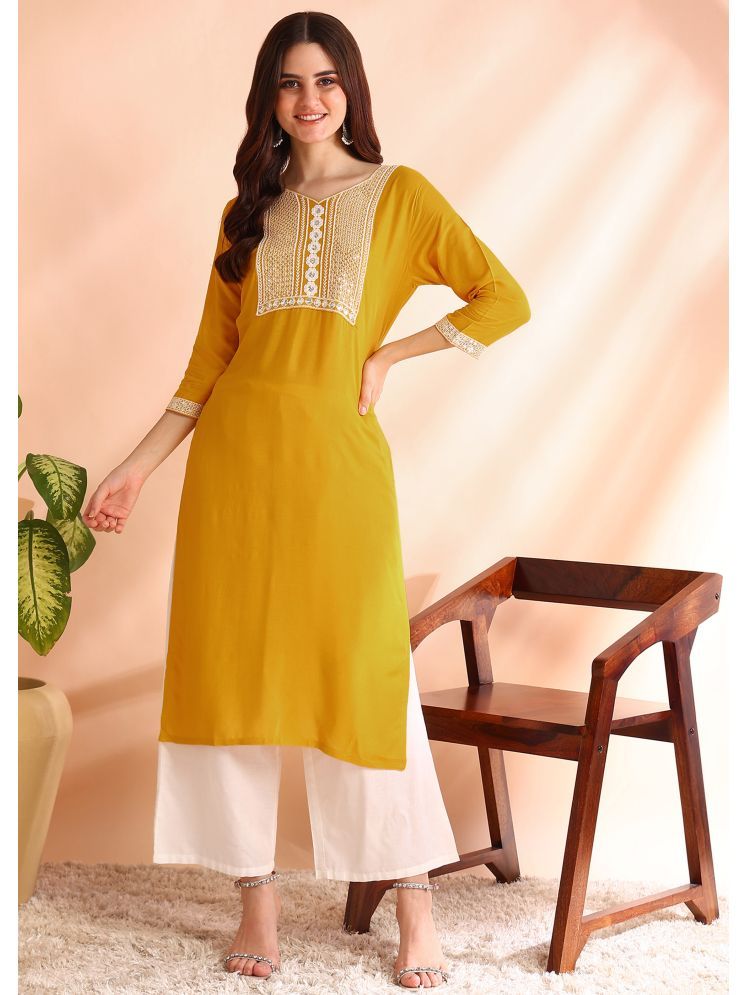     			DSK STUDIO Pack of 1 Viscose Embroidered Straight Women's Kurti - ( Yellow )