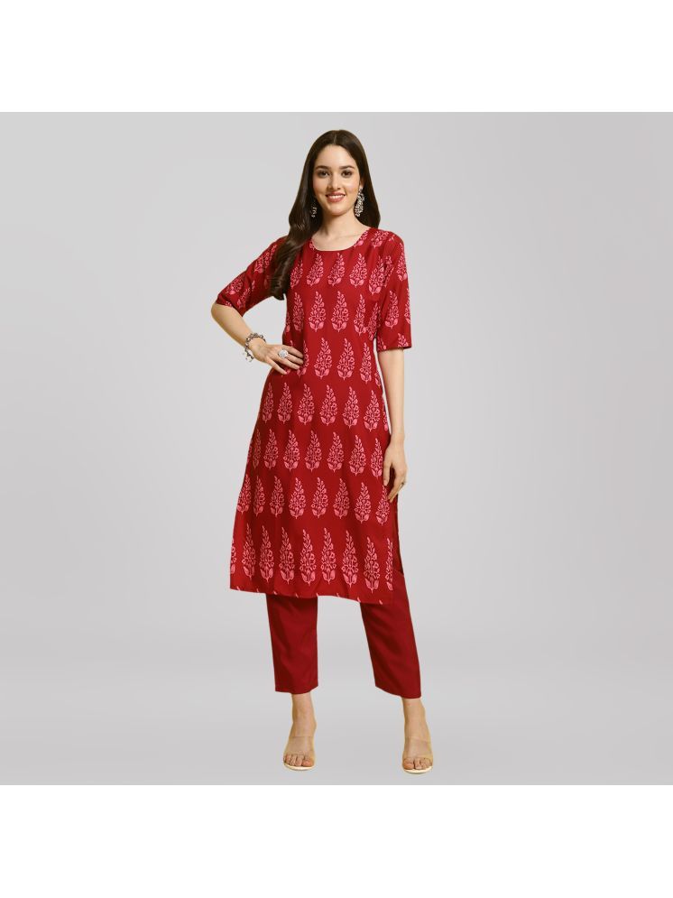     			Ethnic Basket Crepe Printed Kurti With Pants Women's Stitched Salwar Suit - Red ( Pack of 1 )