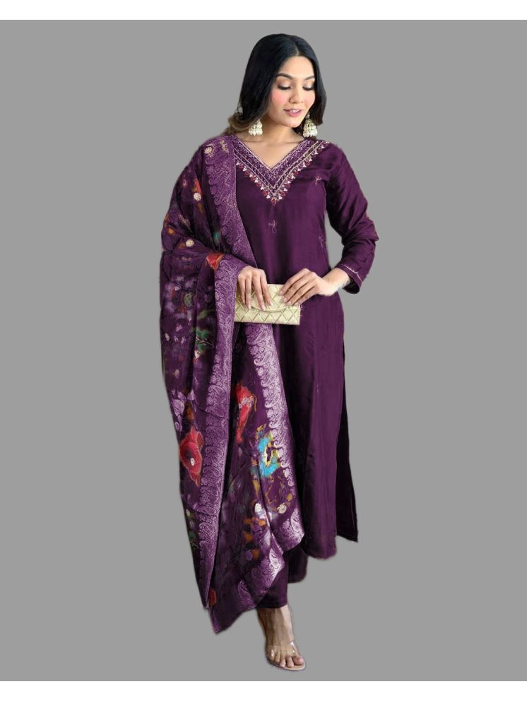     			MEHZEEL FAB Silk Blend Embroidered Kurti With Pants Women's Stitched Salwar Suit - Wine ( Pack of 1 )