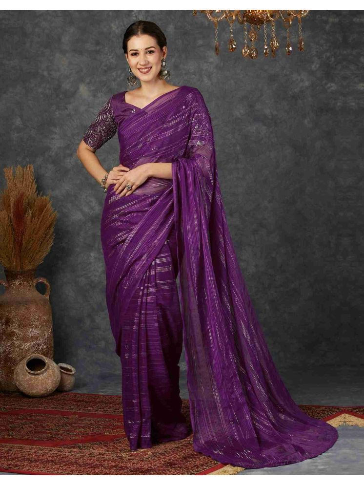     			Nandini Creation Georgette Striped Saree With Blouse Piece - Purple ( Pack of 1 )