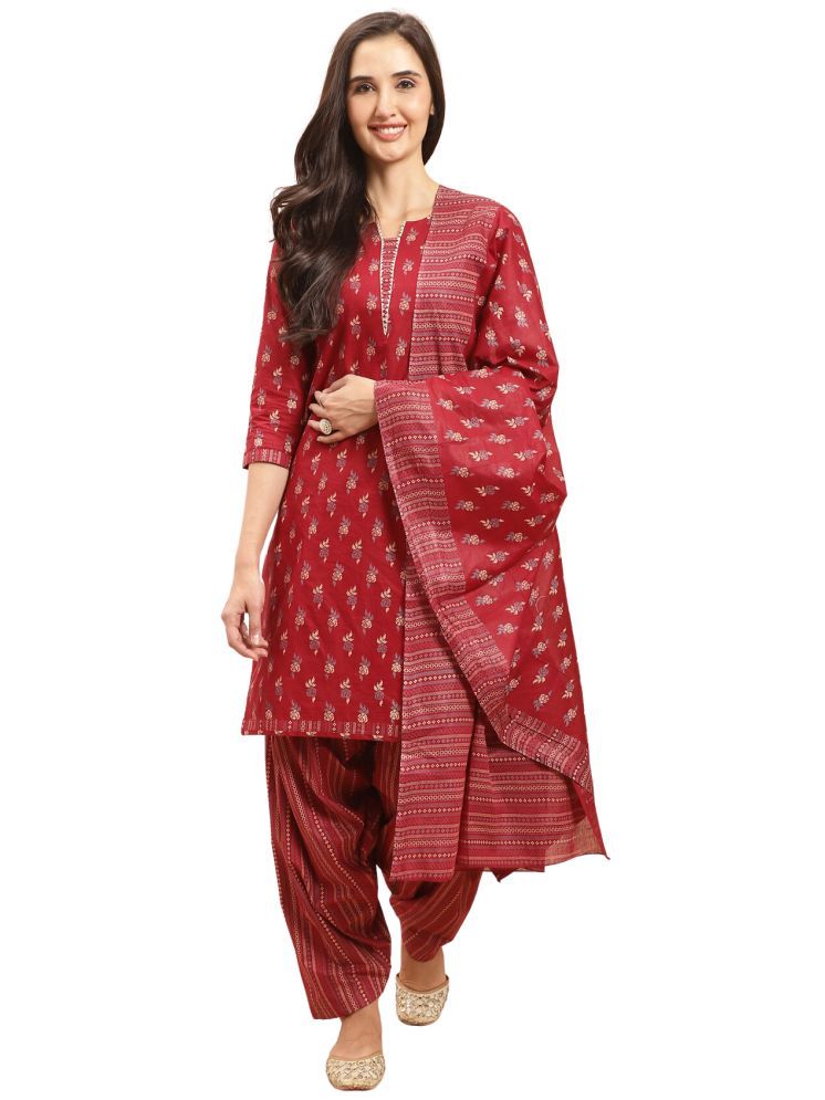     			Rajnandini Cotton Blend Printed Kurti With Patiala Women's Stitched Salwar Suit - Maroon ( Pack of 1 )