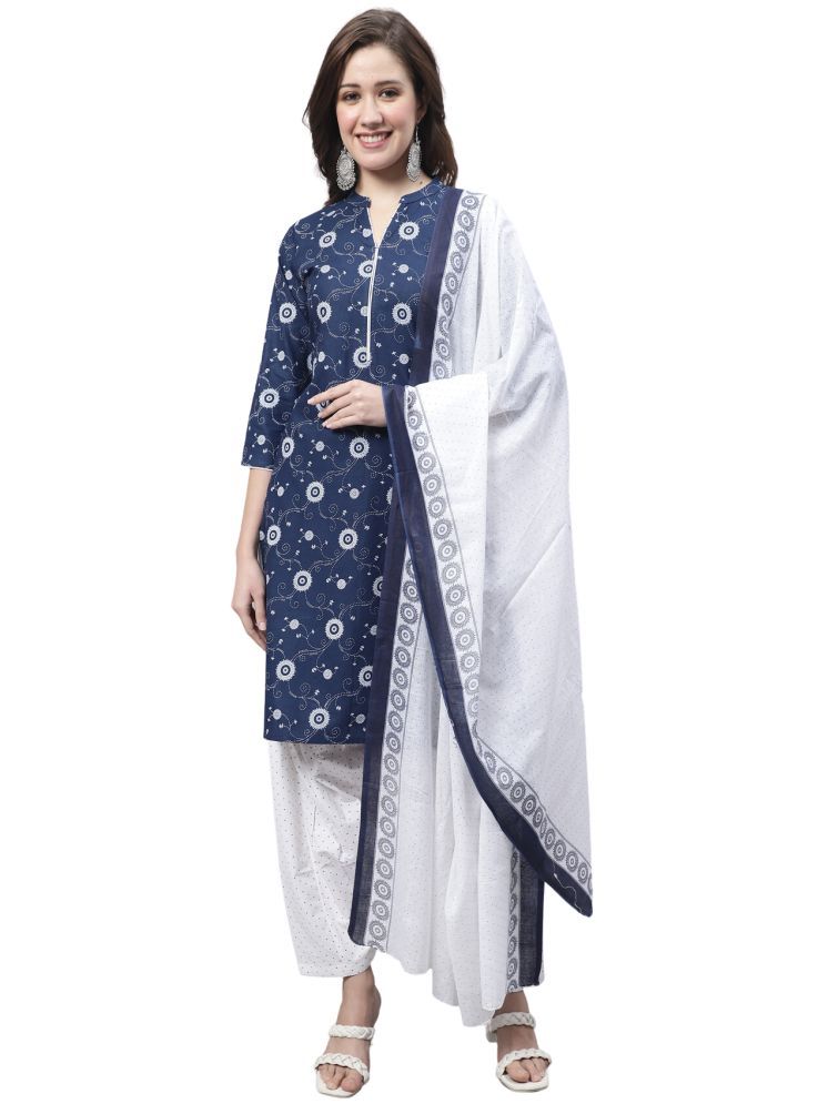     			Rajnandini Cotton Blend Printed Kurti With Patiala Women's Stitched Salwar Suit - Navy ( Pack of 1 )