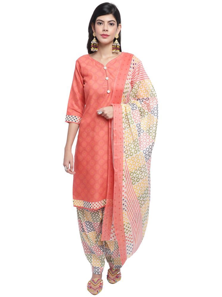     			Rajnandini Cotton Blend Printed Kurti With Patiala Women's Stitched Salwar Suit - Peach ( Pack of 1 )