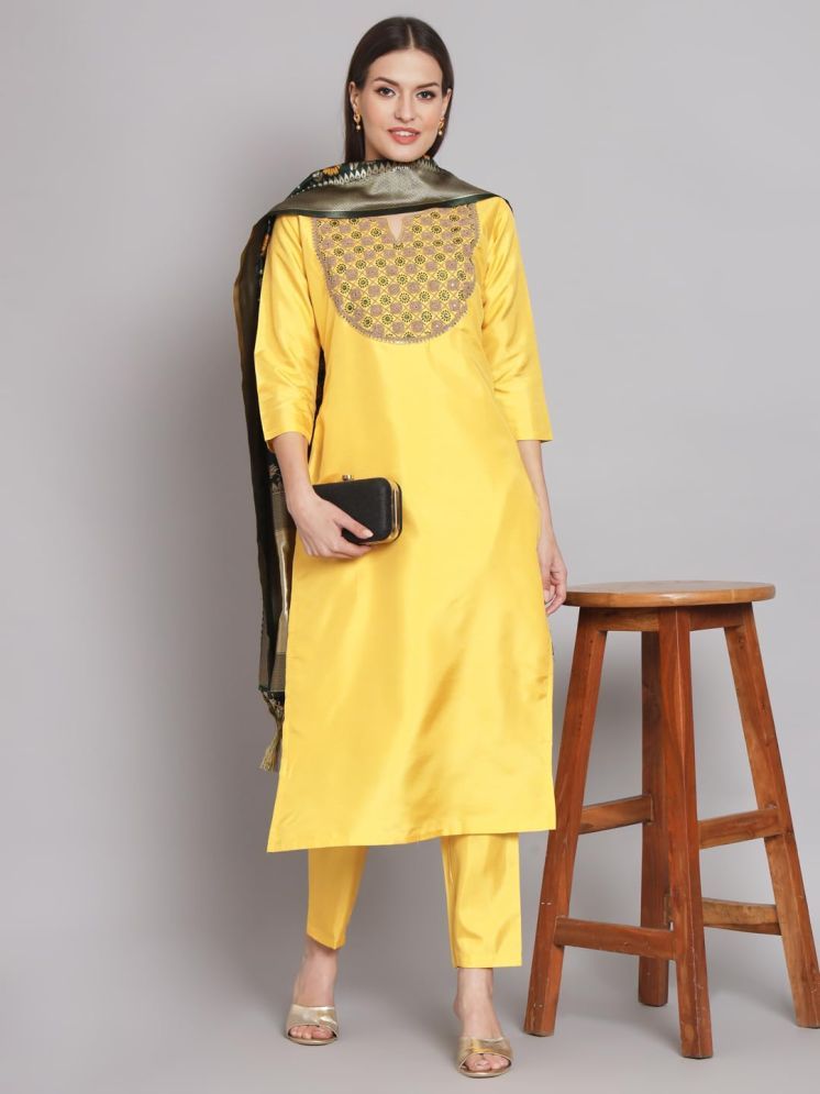     			VredeVogel Cotton Silk Embroidered Kurti With Pants Women's Stitched Salwar Suit - Yellow ( Pack of 1 )