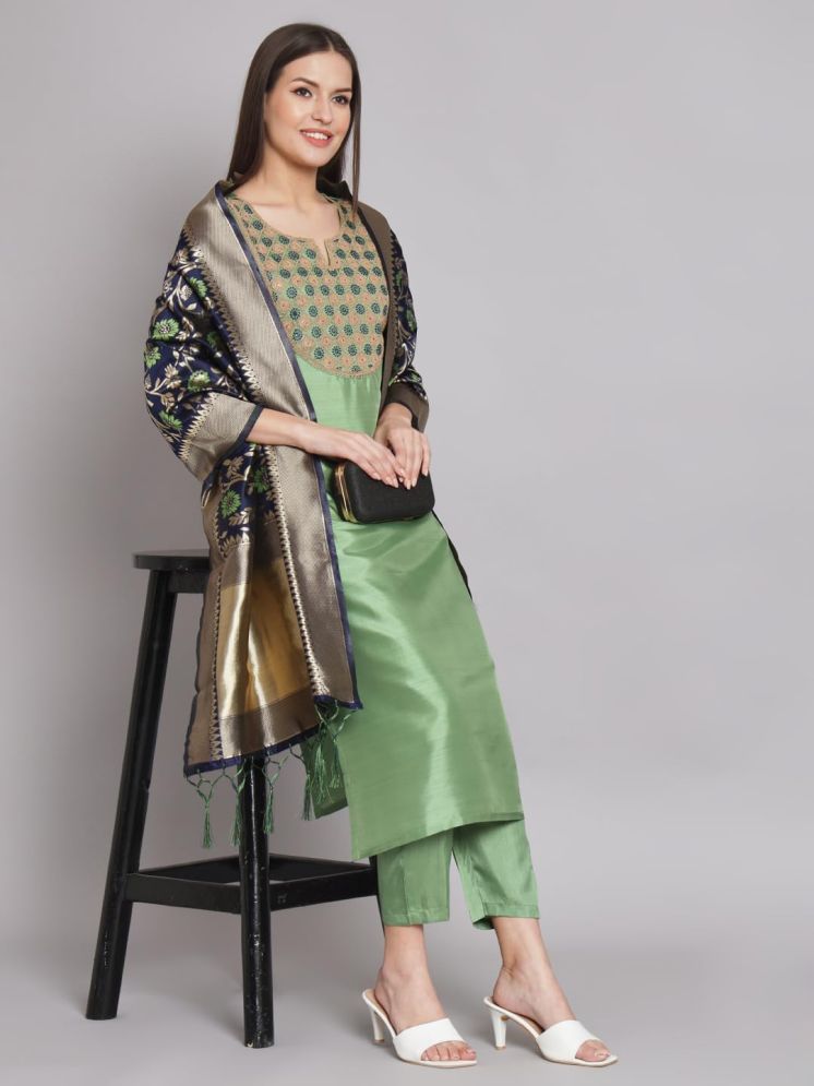     			VredeVogel Cotton Silk Embroidered Kurti With Pants Women's Stitched Salwar Suit - Green ( Pack of 1 )