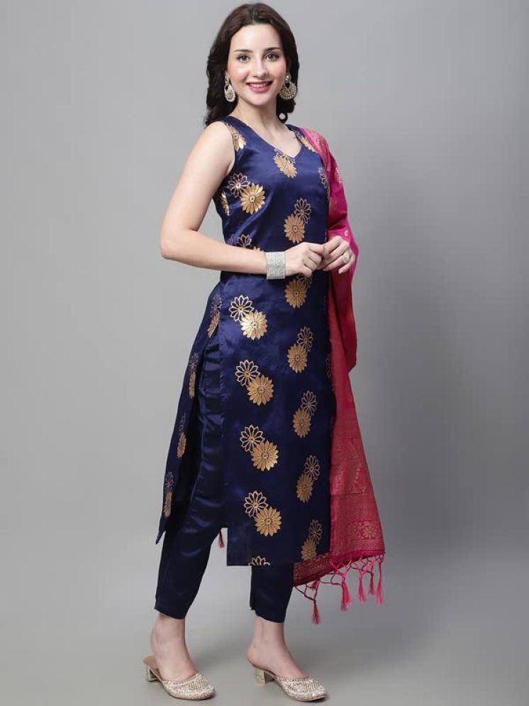     			VredeVogel Cotton Silk Self Design Kurti With Pants Women's Stitched Salwar Suit - Blue ( Pack of 1 )