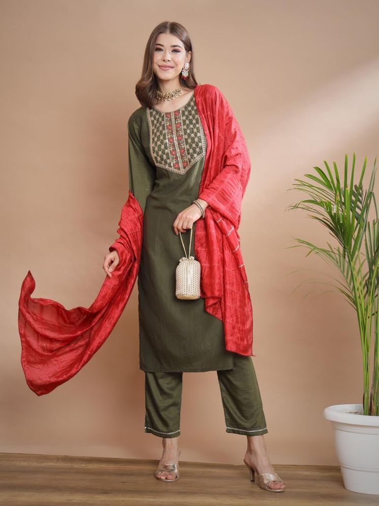     			VredeVogel Silk Blend Embroidered Kurti With Pants Women's Stitched Salwar Suit - Green ( Pack of 1 )