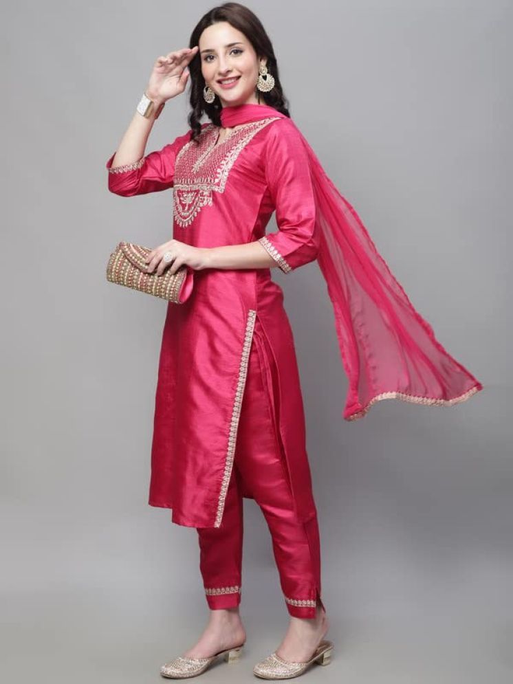     			VredeVogel Silk Blend Embroidered Kurti With Pants Women's Stitched Salwar Suit - Pink ( Pack of 1 )