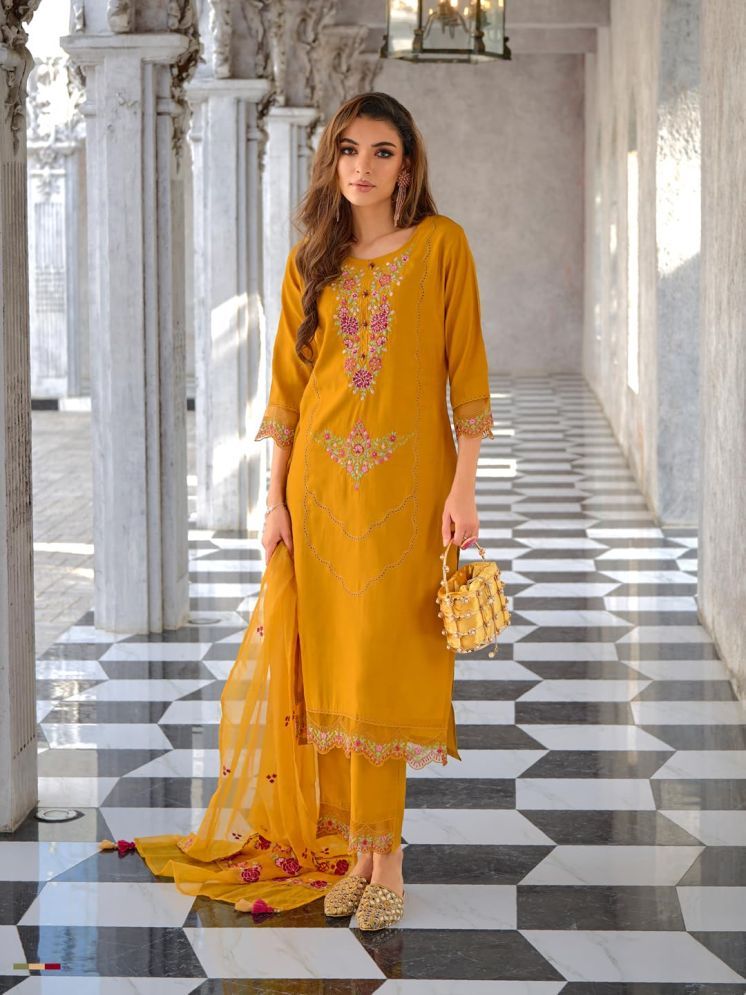     			VredeVogel Silk Blend Embroidered Kurti With Pants Women's Stitched Salwar Suit - Yellow ( Pack of 1 )