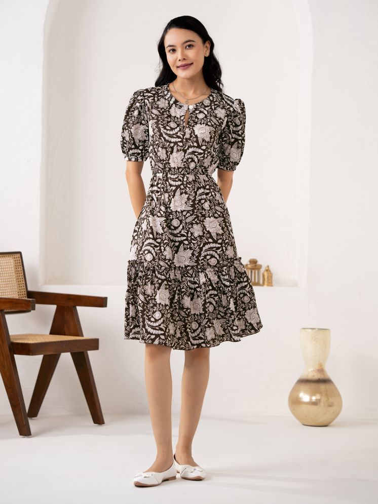     			aask Crepe Printed Knee Length Women's Fit & Flare Dress - Brown ( Pack of 1 )