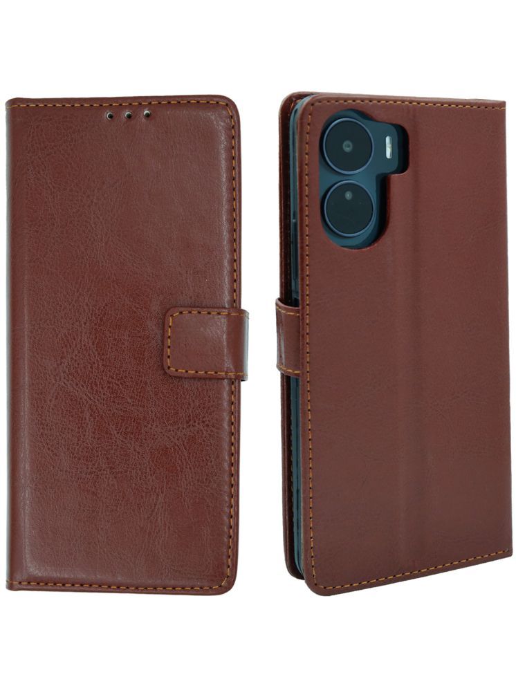     			flip flow Brown Flip Cover Artificial Leather Compatible For Vivo Y16 ( Pack of 1 )